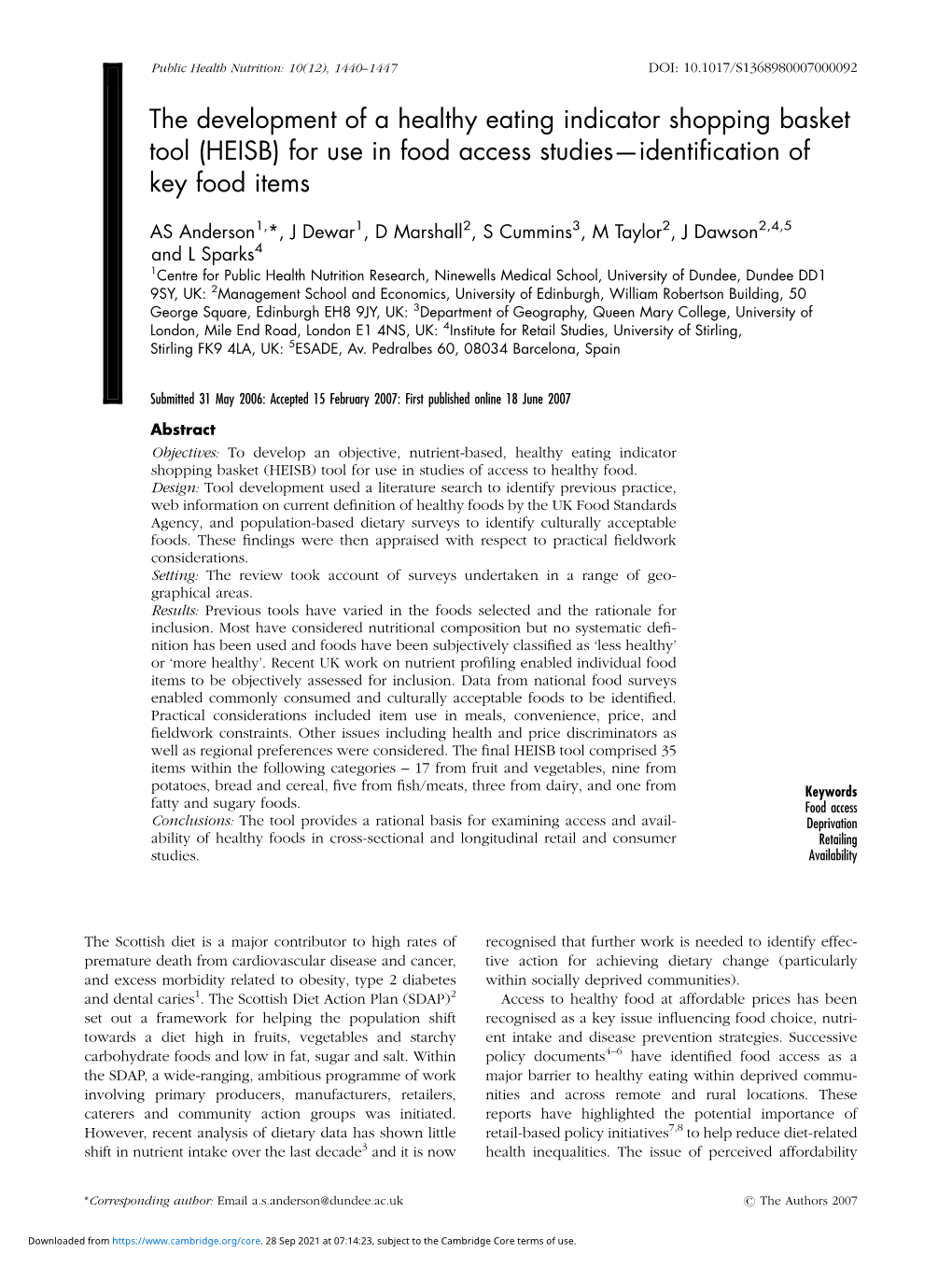 The Development of a Healthy Eating Indicator Shopping Basket Tool (HEISB) for Use in Food Access Studies—Identiﬁcation of Key Food Items