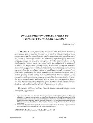 Kriterion Miolo 110.P65 3/1/2005, 09:47294 PROLEGOMENON for an ETHICS of VISIBILITY in HANNAH ARENDT 295