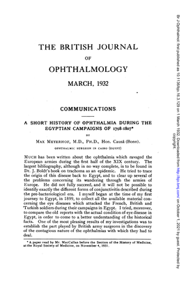 A SHORT HISTORY of OPHTHALMIA DURING the EGYPTIAN CAMPAIGNS of I798-I807* Copyright