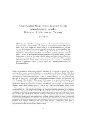 Understanding Media-Politics-Economy-Society Interrelationship in India: Relevance of Habermas and Chomsky∗