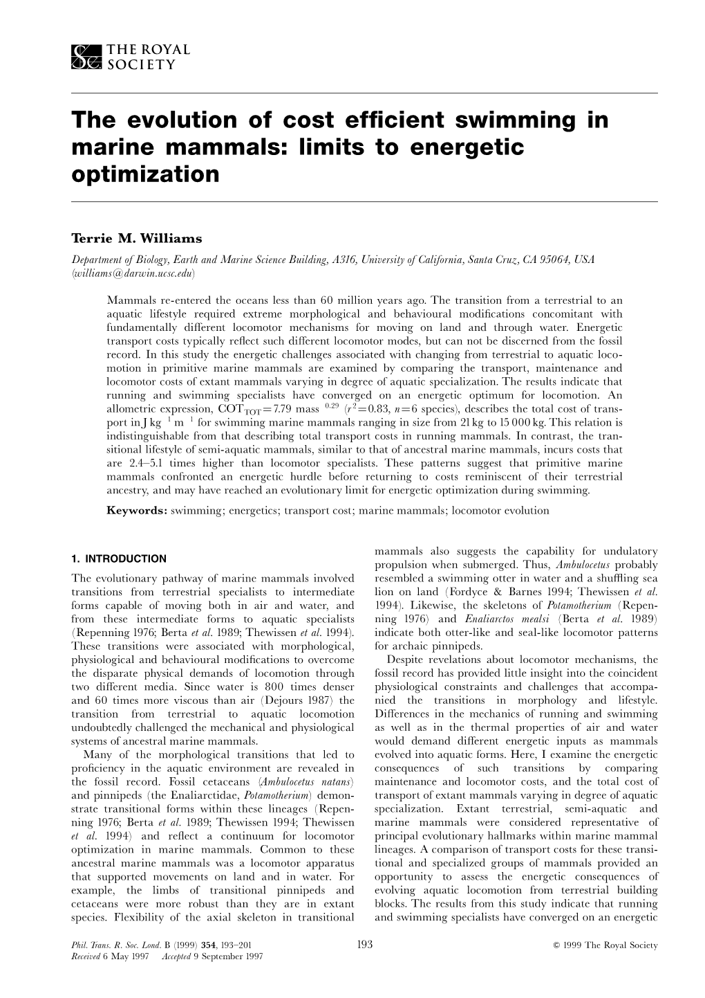 The Evolution of Cost Efficient Swimming in Marine Mammals - DocsLib