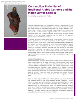 Construction Similarities of Traditional Arabic Costume and the Indian Salwar-Kameez Monisha Kumar and Amita Walia