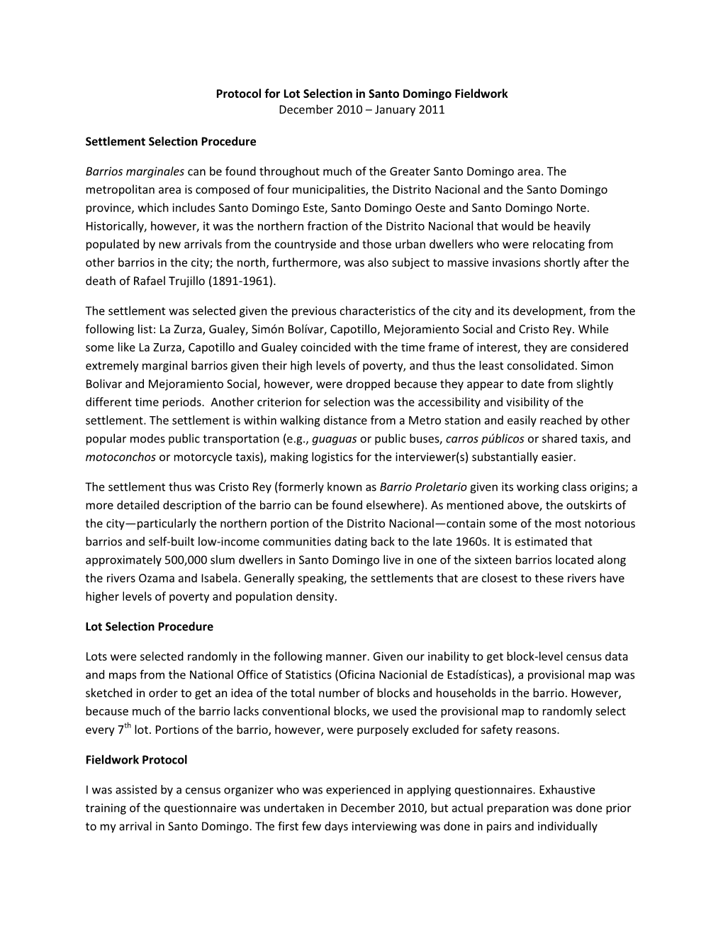 Protocol for Lot Selection in Santo Domingo Fieldwork December 2010 – January 2011