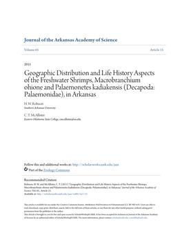 Geographic Distribution and Life History Aspects of the Freshwater Shrimps, Macrobranchium Ohione and Palaemonetes Kadiakensis (Decapoda: Palaemonidae), in Arkansas H