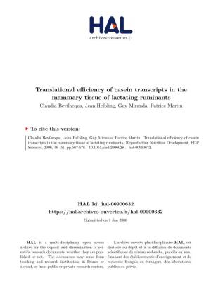 Translational Efficiency of Casein Transcripts in the Mammary Tissue Of
