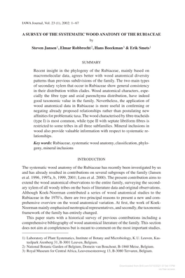 A SURVEY of the SYSTEMATIC WOOD ANATOMY of the RUBIACEAE by Steven Jansen1, Elmar Robbrecht2, Hans Beeckman3 & Erik Smets1
