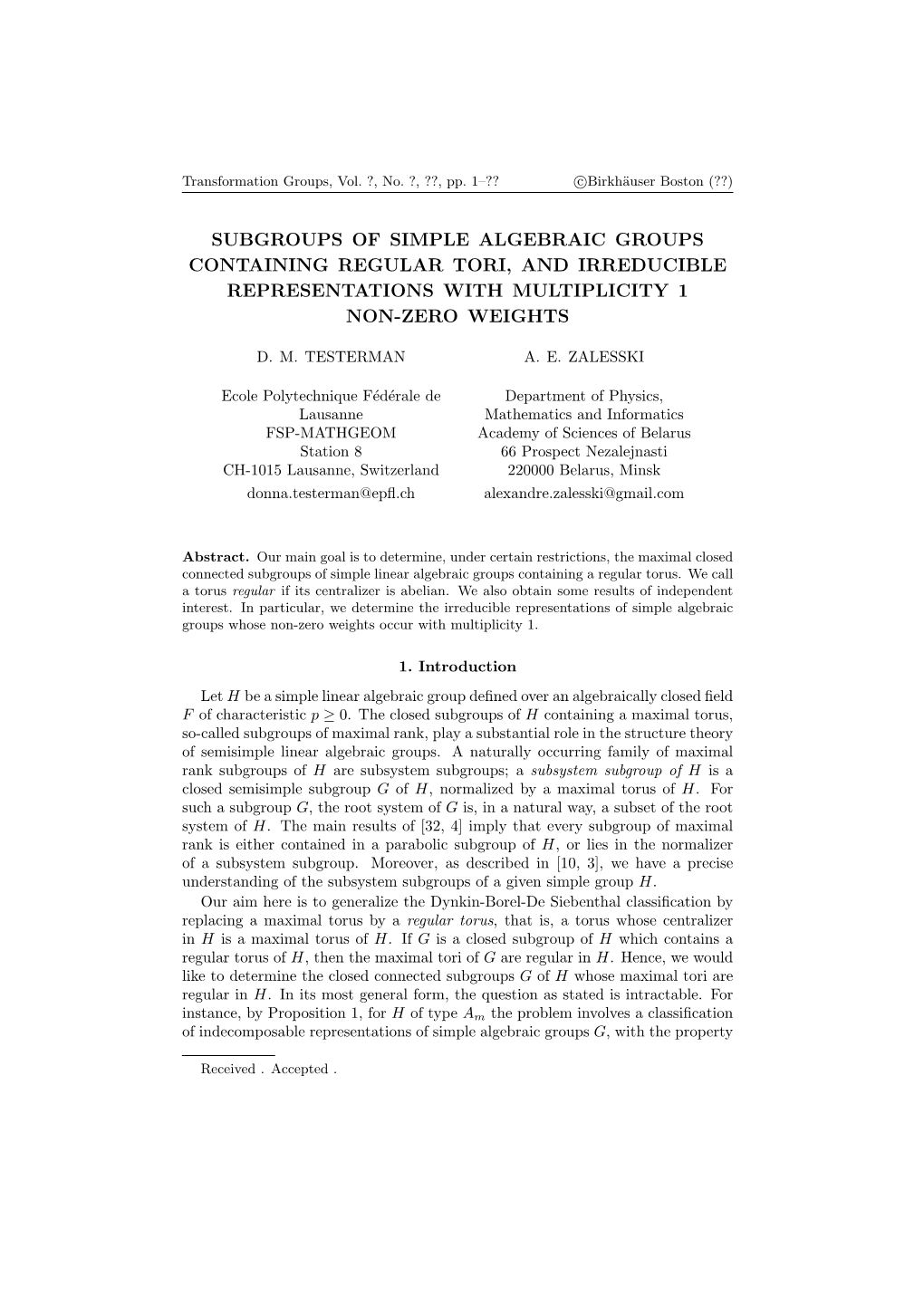 Subgroups of Simple Algebraic Groups Containing Regular Tori, and Irreducible Representations with Multiplicity 1 Non-Zero Weights