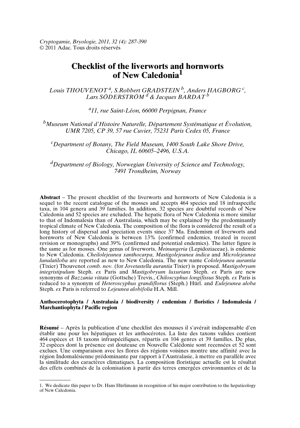 Checklist of the Liverworts and Hornworts of New Caledonia1