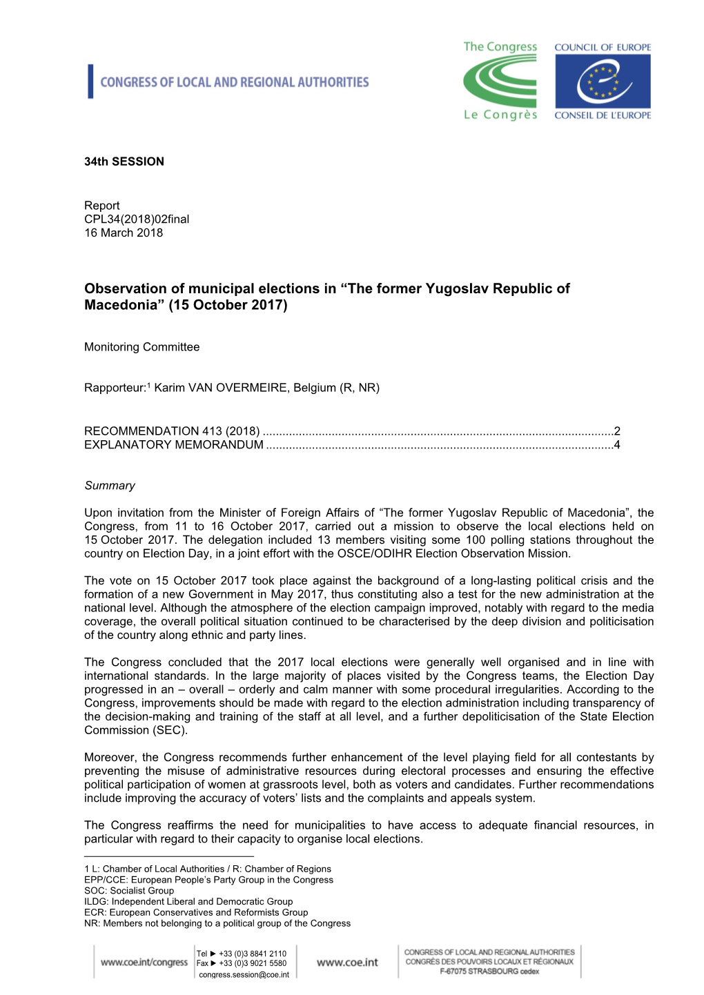 Observation of Municipal Elections in “The Former Yugoslav Republic of Macedonia” (15 October 2017)