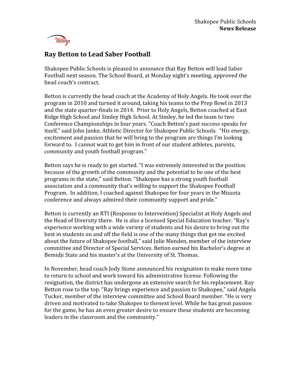 Ray Betton to Lead Saber Football