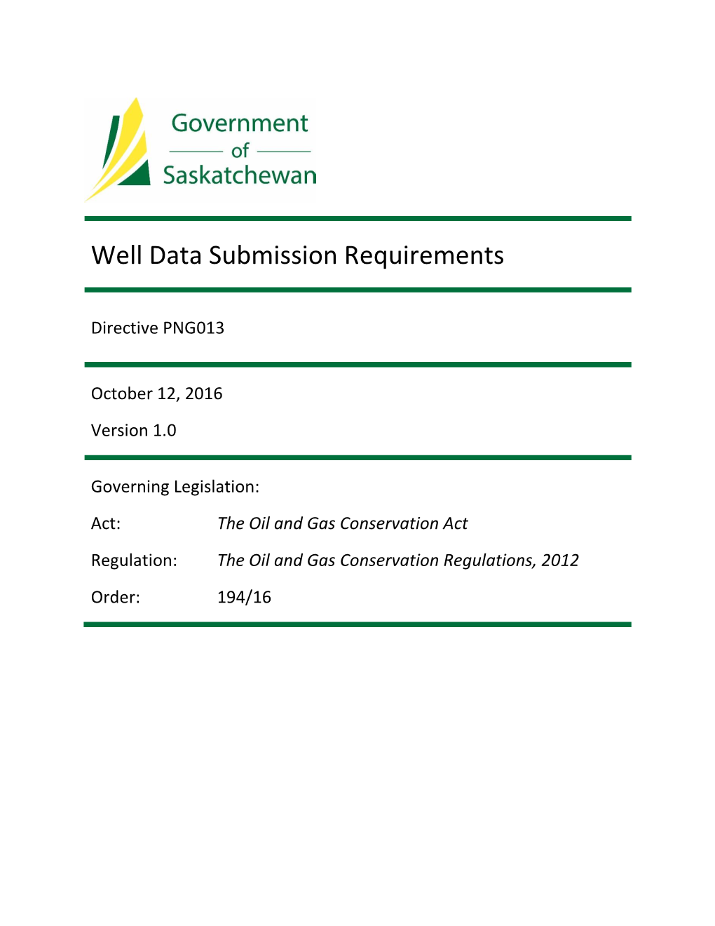 Directive PNG013: Well Data Submission Requirements