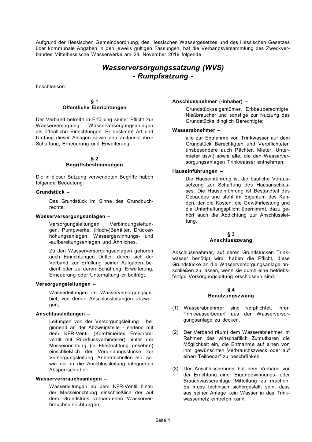 Wasserversorgungssatzung (WVS) - Rumpfsatzung - Beschlossen