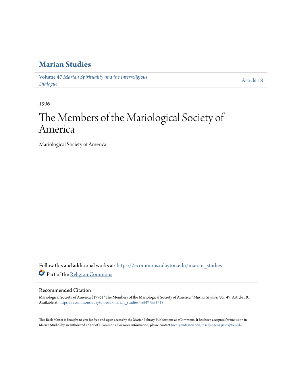 The Members of the Mariological Society of America