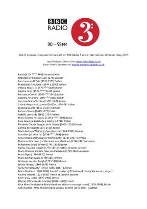 List of Women Composers Broadcast on BBC Radio 3 Since International Women’S Day 2015