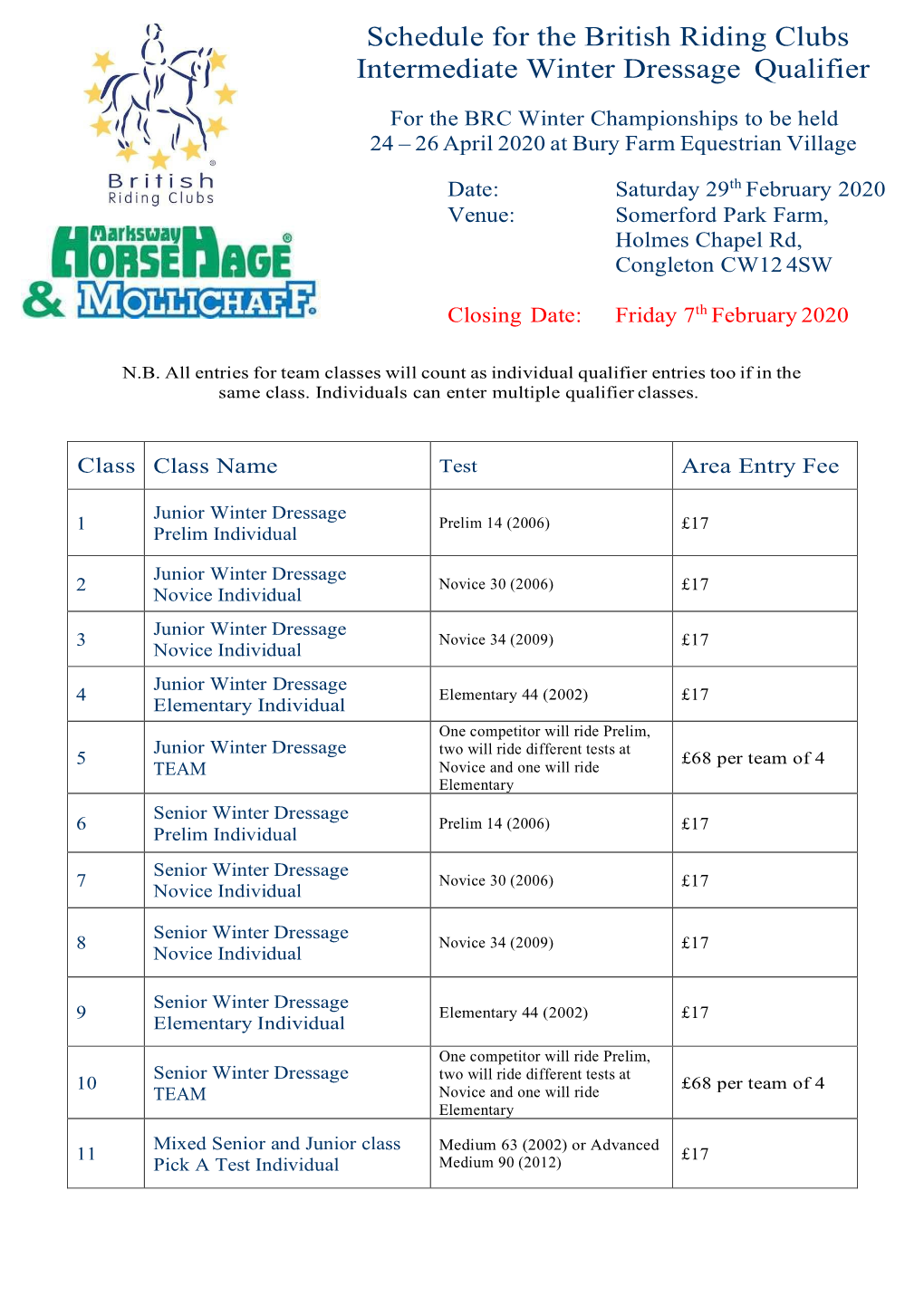 Schedule for the British Riding Clubs Intermediate Winter Dressage Qualifier