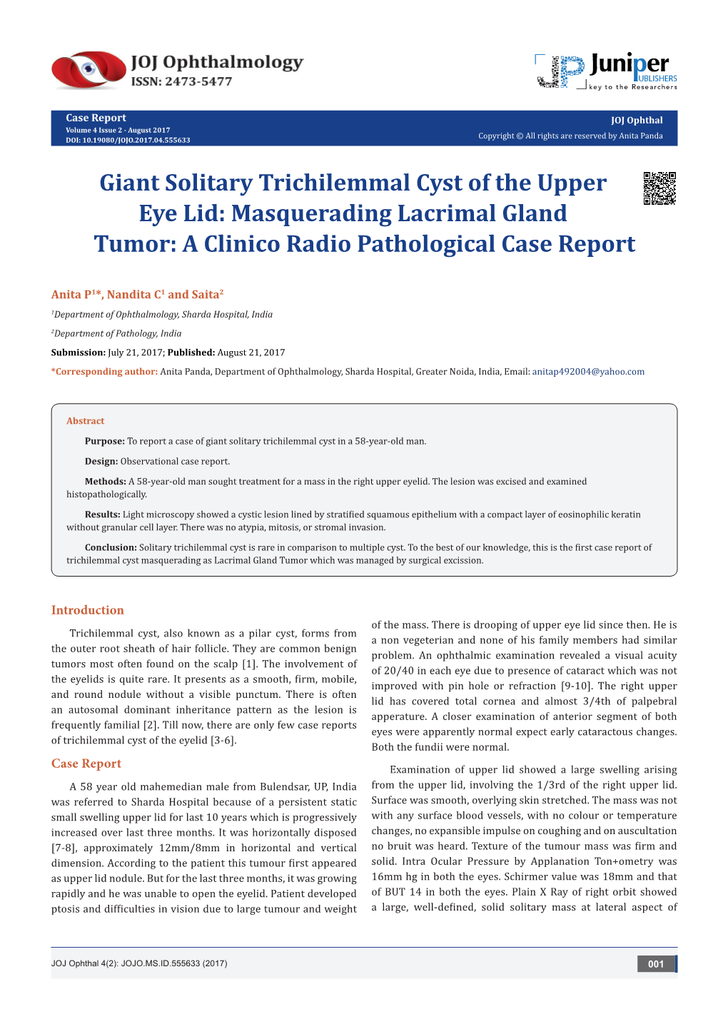 Giant Solitary Trichilemmal Cyst of the Upper Eye Lid: Masquerading Lacrimal Gland Tumor: a Clinico Radio Pathological Case Report