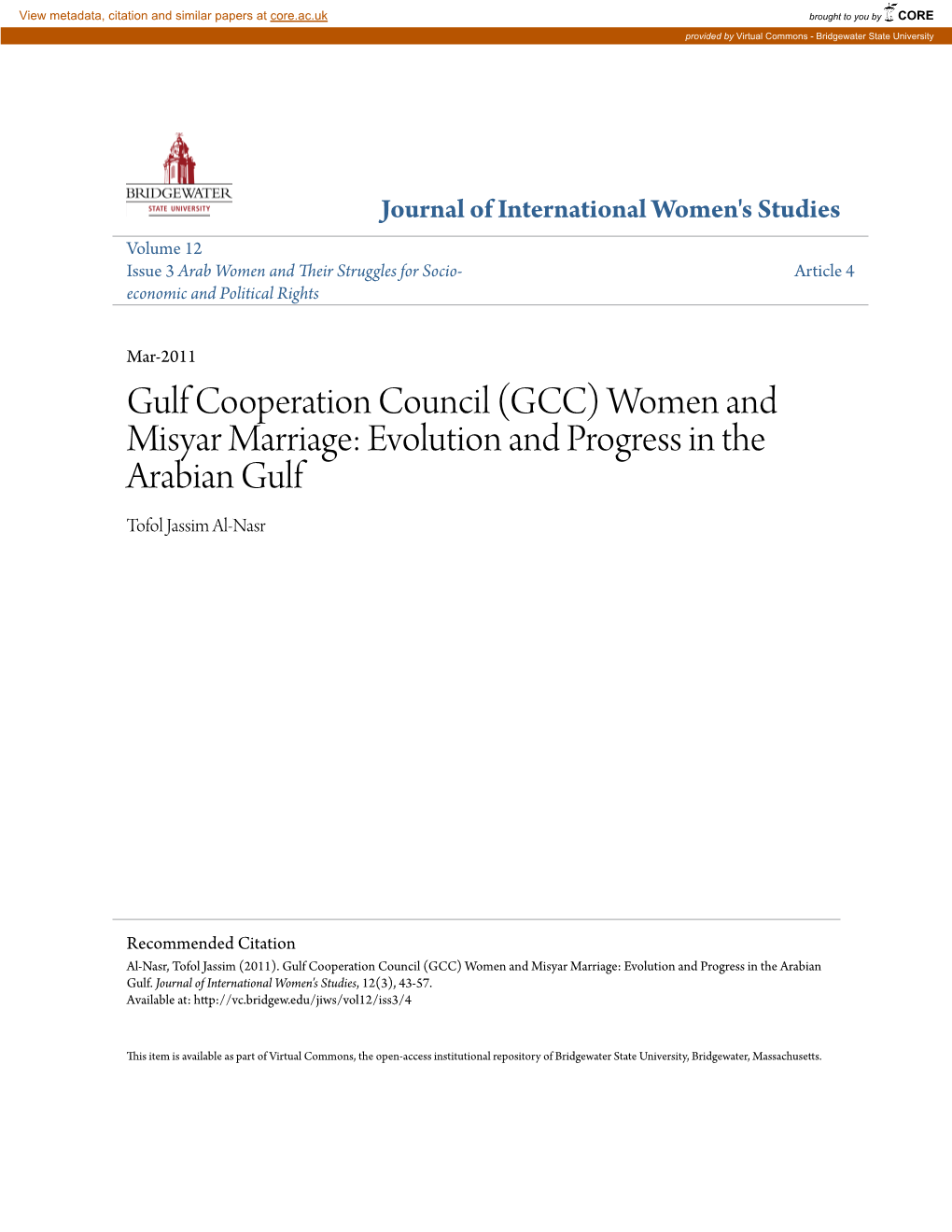 Women and Misyar Marriage: Evolution and Progress in the Arabian Gulf Tofol Jassim Al-Nasr