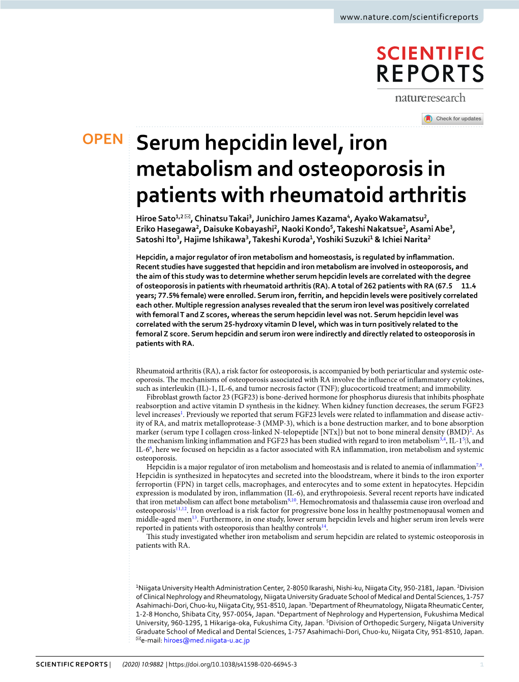 Serum Hepcidin Level, Iron Metabolism and Osteoporosis in Patients With