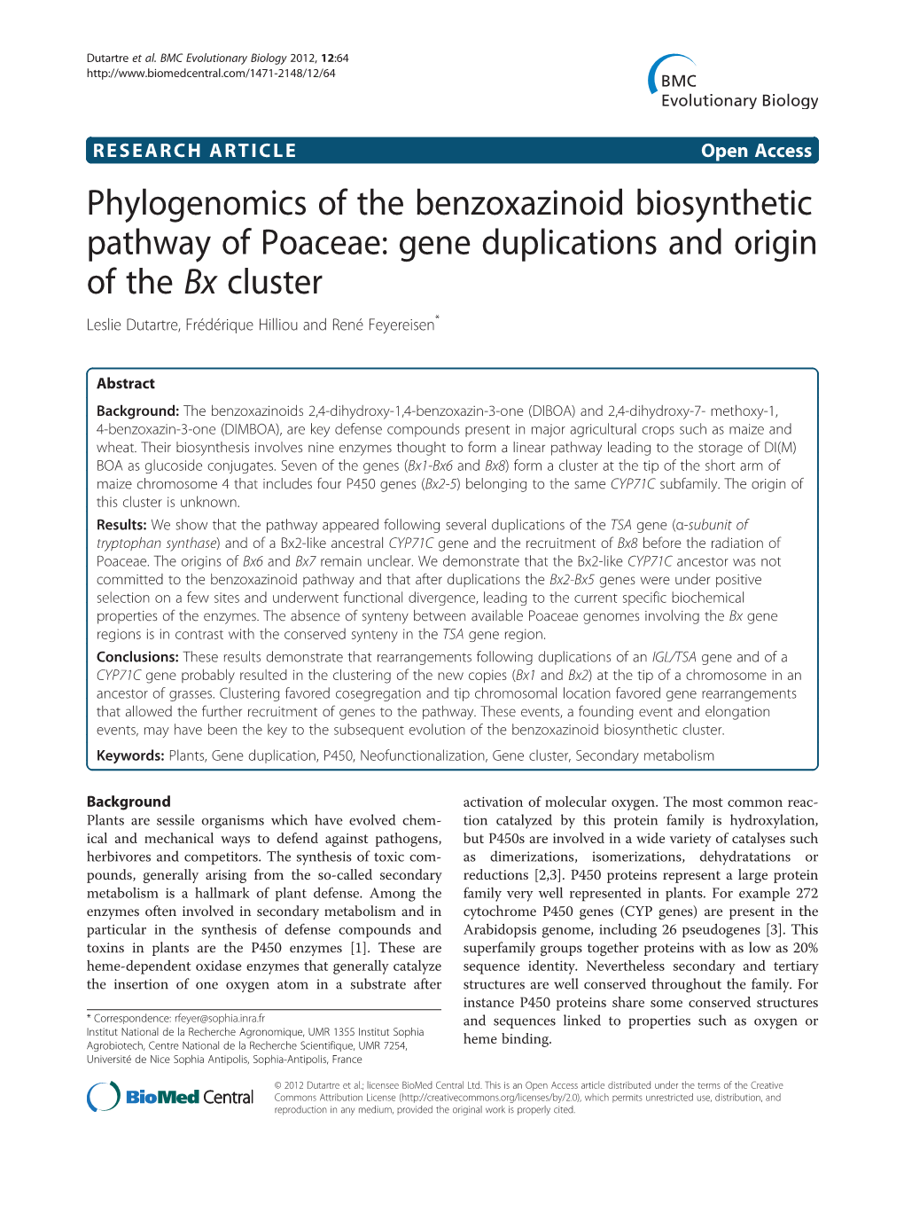 Phylogenomics of the Benzoxazinoid Biosynthetic Pathway of Poaceae: Gene Duplications and Origin of the Bx Cluster