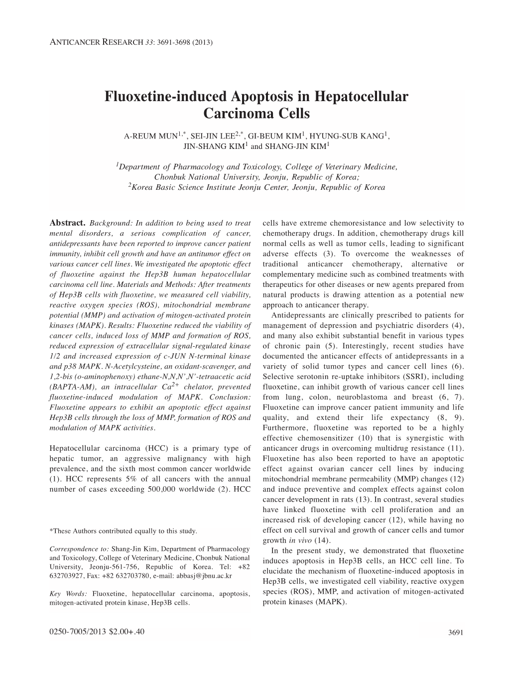 Fluoxetine-Induced Apoptosis in Hepatocellular Carcinoma Cells