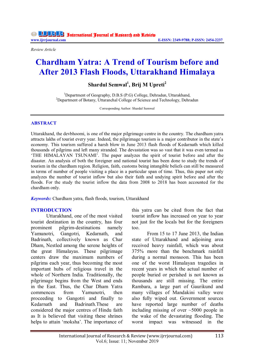 Chardham Yatra: a Trend of Tourism Before and After 2013 Flash Floods, Uttarakhand Himalaya