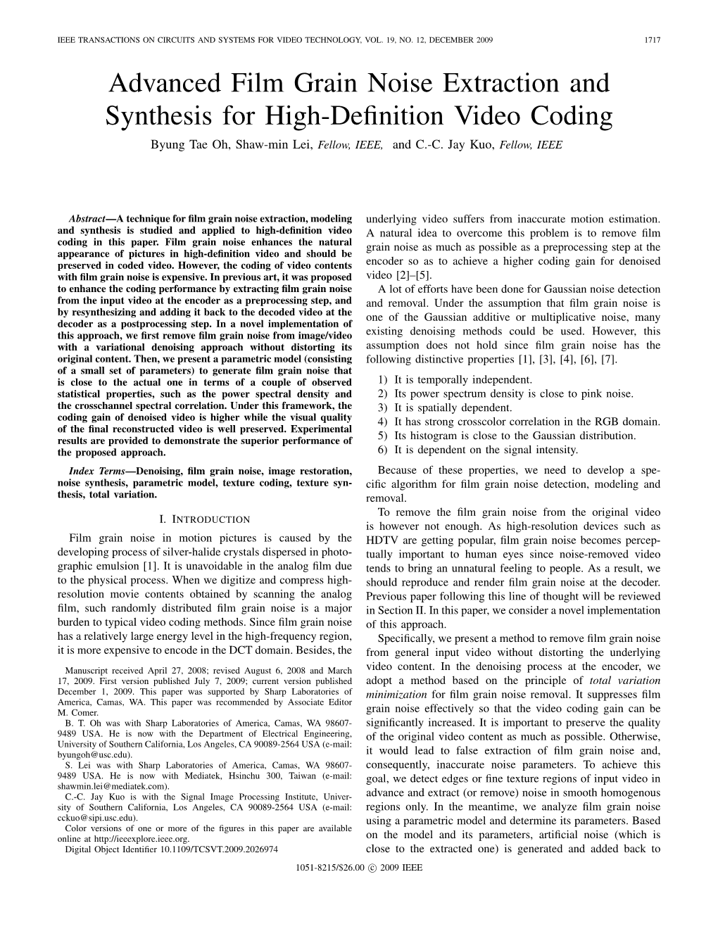 Advanced Film Grain Noise Extraction and Synthesis for High-Definition Video Coding 1719