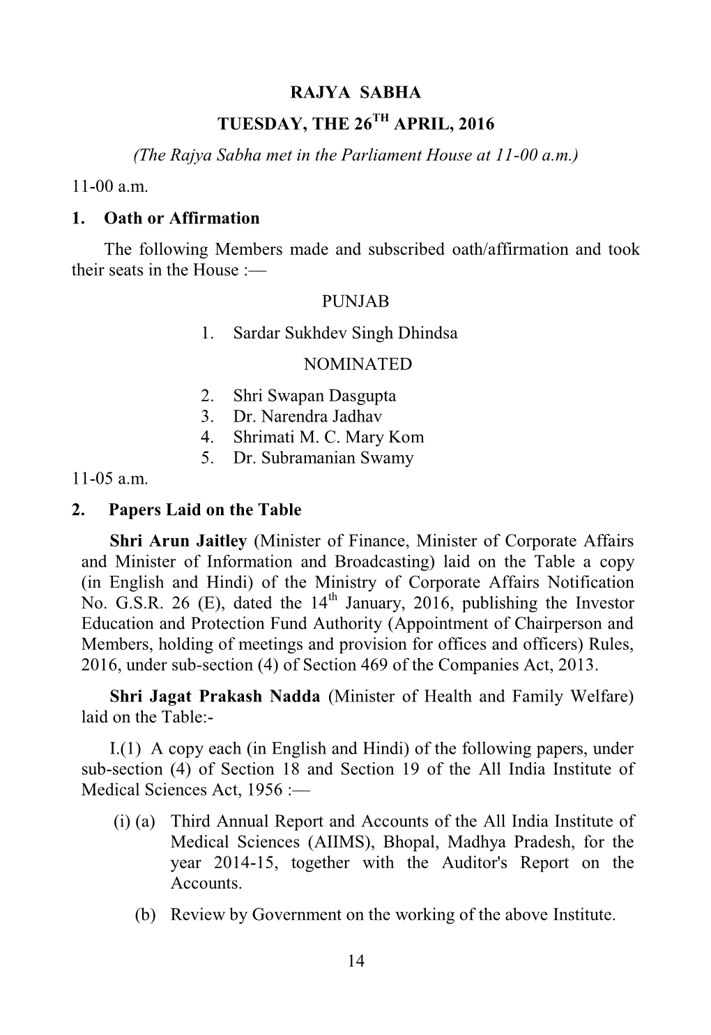 The Rajya Sabha Met in the Parliament House at 11-00 Am