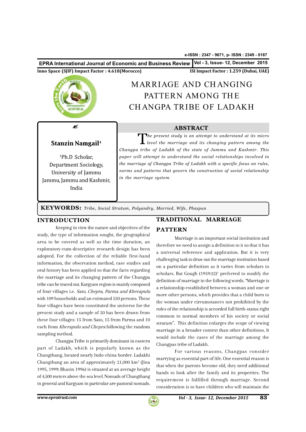 Marriage and Changing Pattern Among the Changpa Tribe of Ladakh