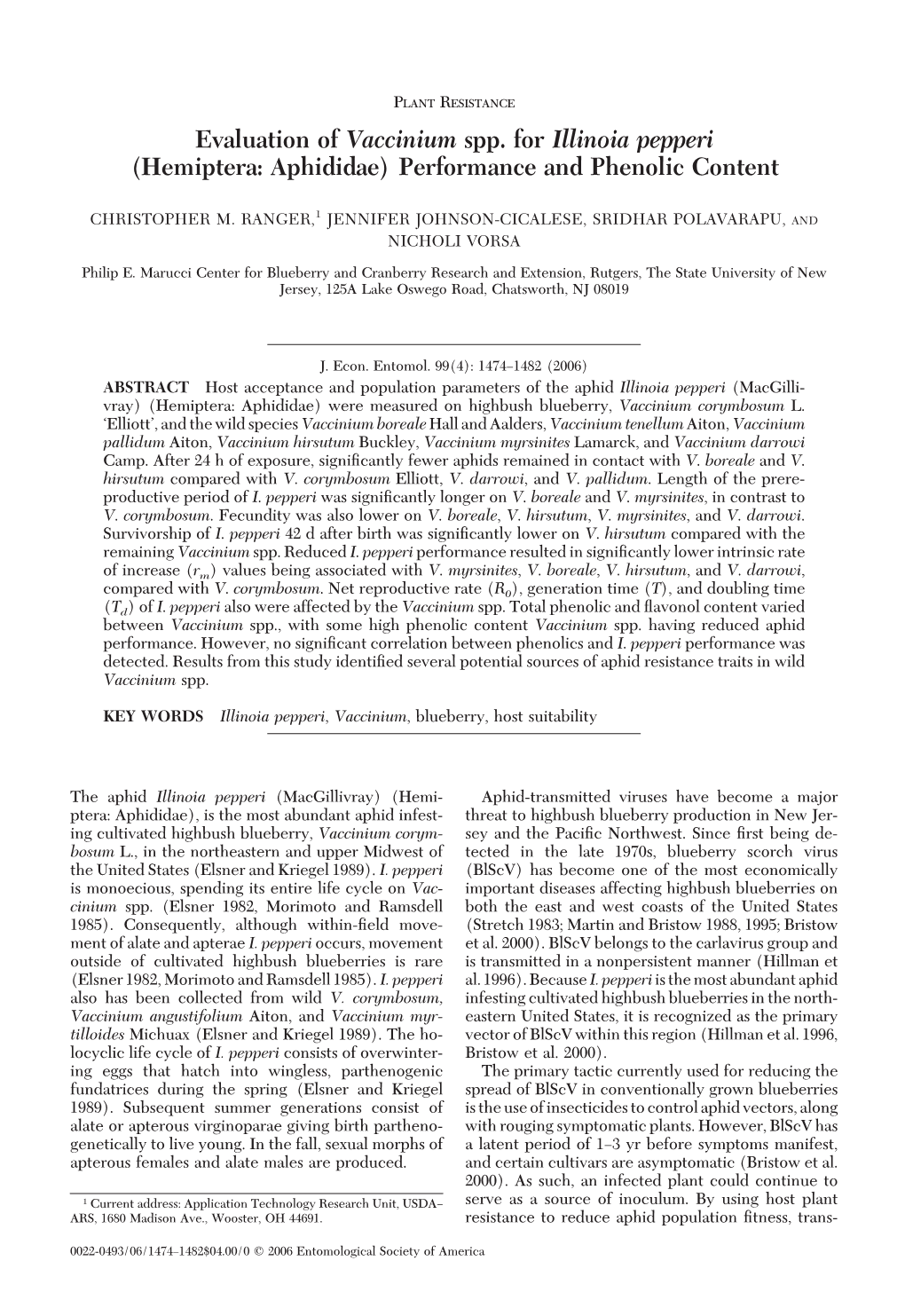 Evaluation of Vaccinium Spp. for Illinoia Pepperi (Hemiptera: Aphididae) Performance and Phenolic Content