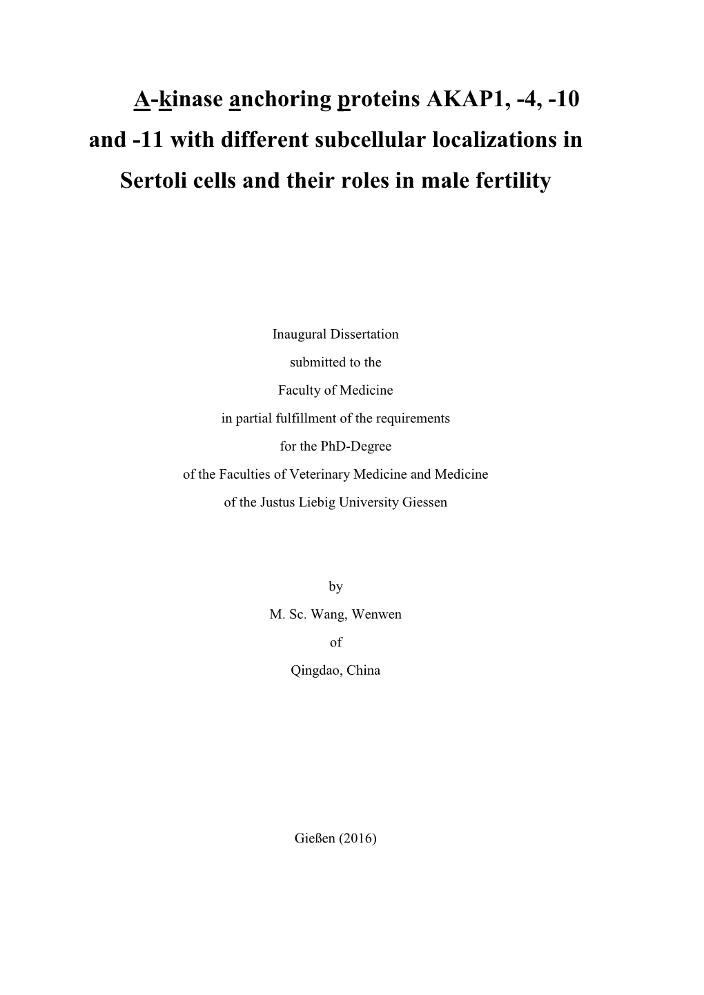 A-Kinase Anchoring Proteins AKAP1, -4, -10 and -11 with Different Subcellular Localizations in Sertoli Cells and Their Roles in Male Fertility