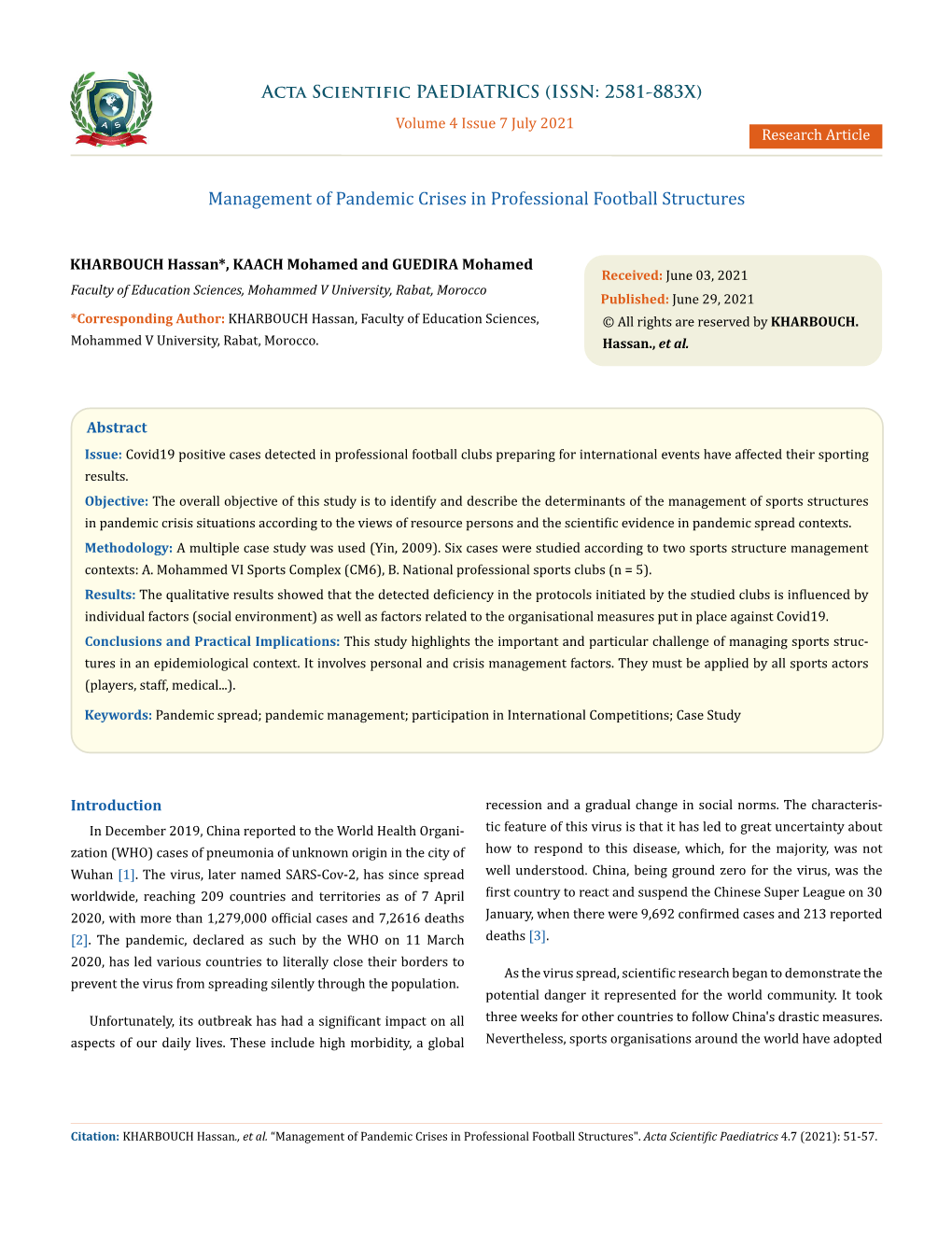 Management of Pandemic Crises in Professional Football Structures