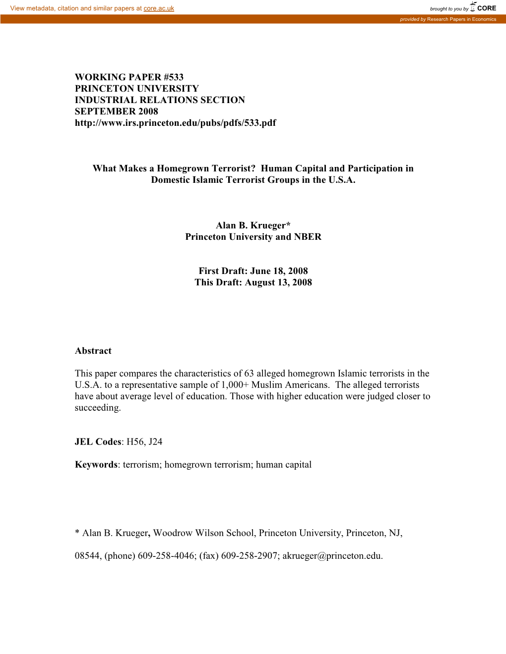 Working Paper #533 Princeton University Industrial Relations Section September 2008