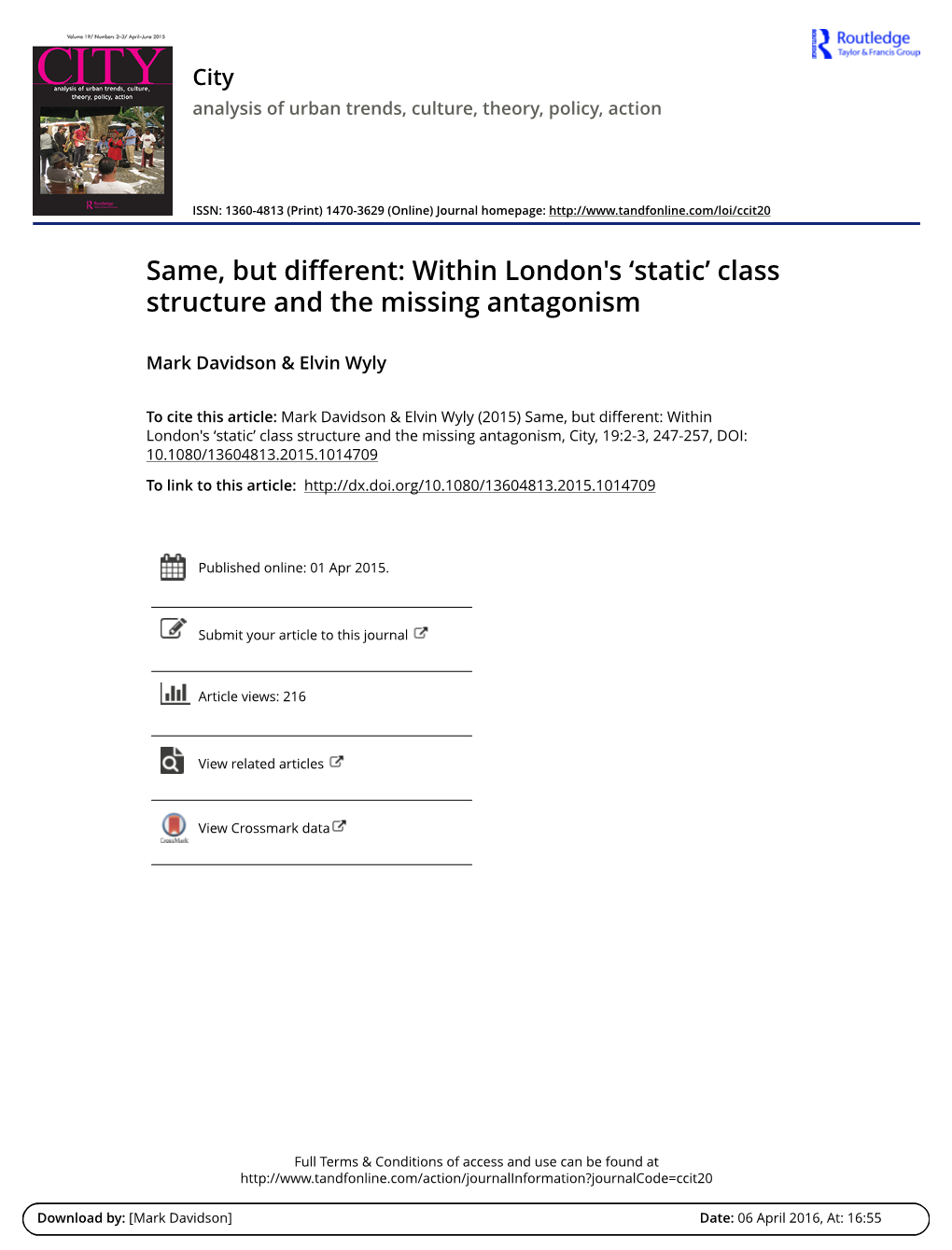 Same, but Different: Within London's ‘Static’ Class Structure and the Missing Antagonism