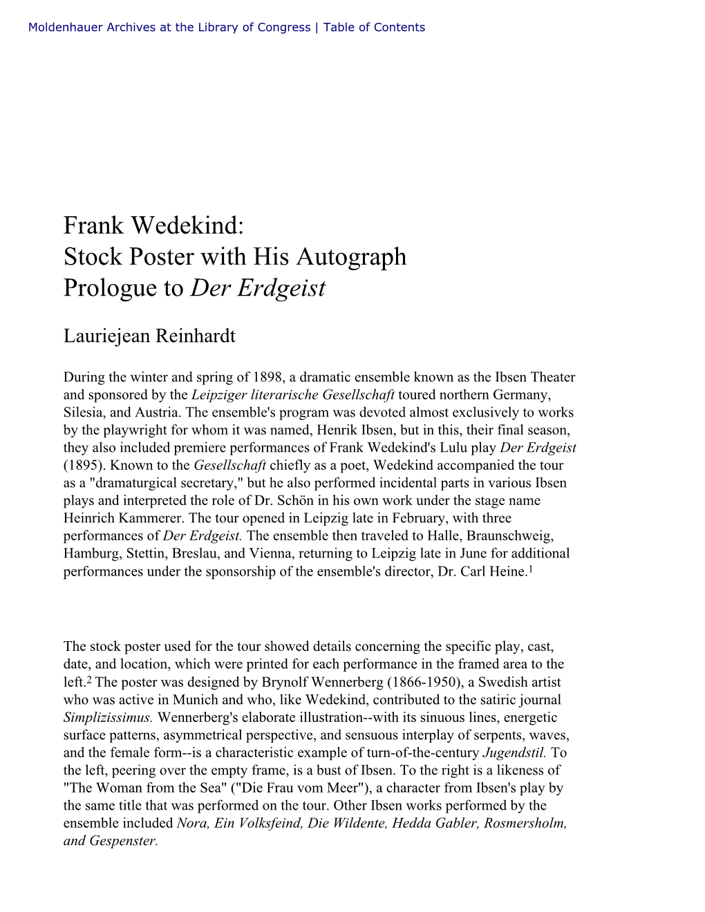 Frank Wedekind: Stock Poster with His Autograph Prologue to Der Erdgeist