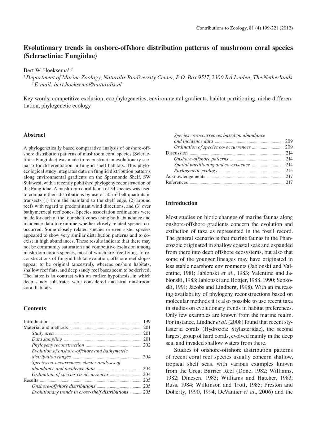 Evolutionary Trends in Onshore-Offshore Distribution Patterns of Mushroom Coral Species (Scleractinia: Fungiidae)