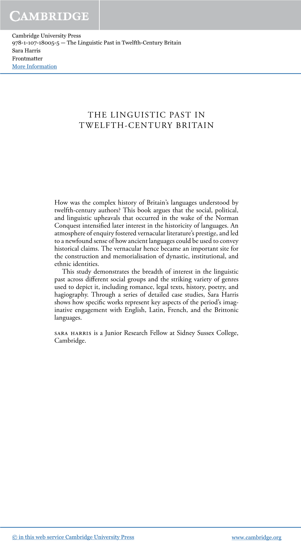 The Linguistic Past in Twelfth-Century Britain Sara Harris Frontmatter More Information