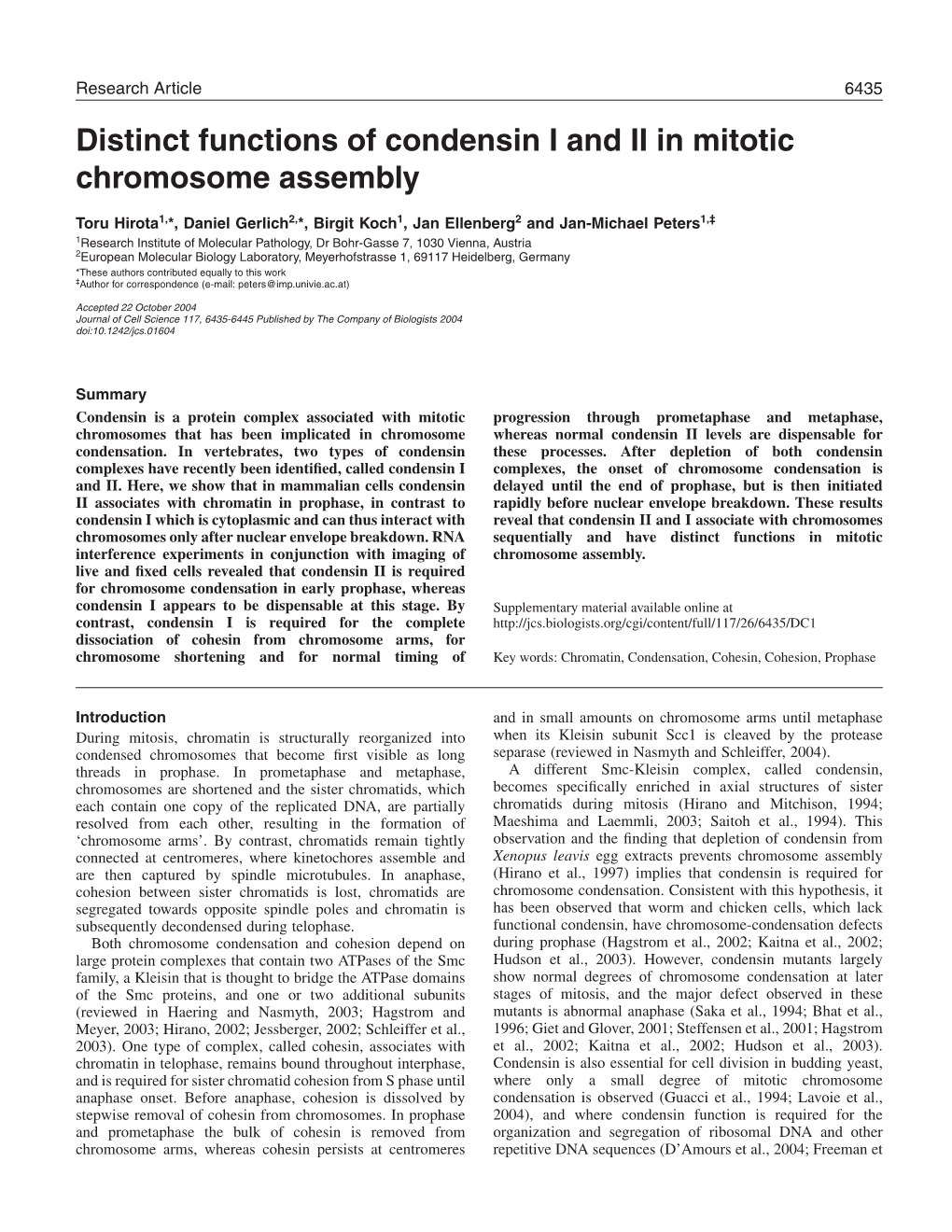 Distinct Functions of Condensin I and II in Mitotic Chromosome Assembly