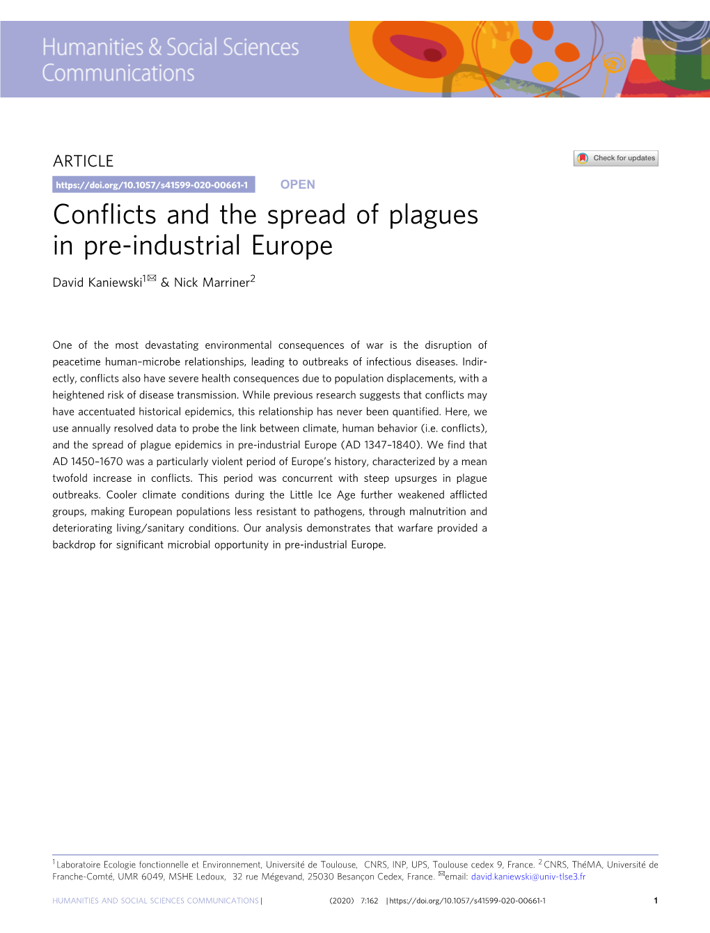 Conflicts and the Spread of Plagues in Pre-Industrial Europe