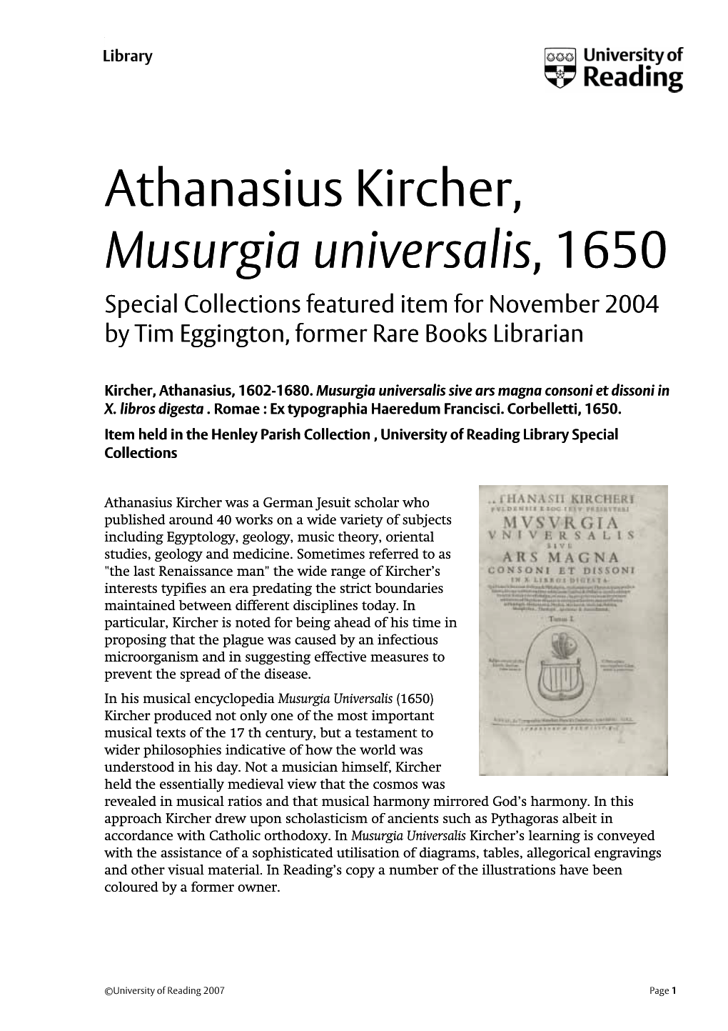 Athanasius Kircher, Musurgia Universalis, 1650 Special Collections Featured Item for November 2004 by Tim Eggington, Former Rare Books Librarian