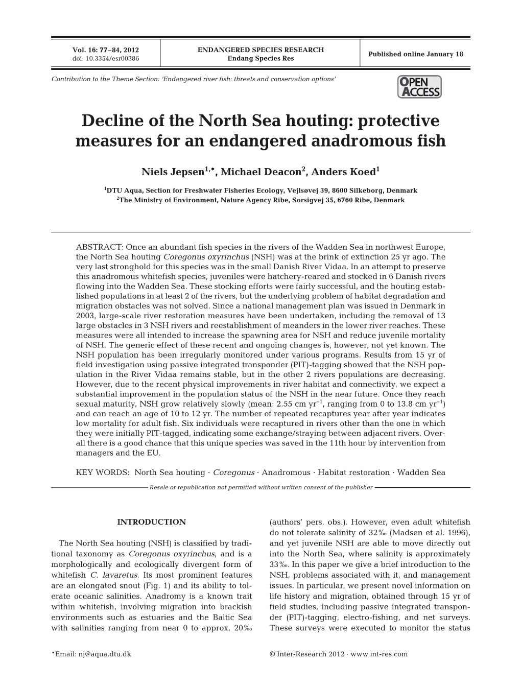 Decline of the North Sea Houting: Protective Measures for an Endangered Anadromous Fish