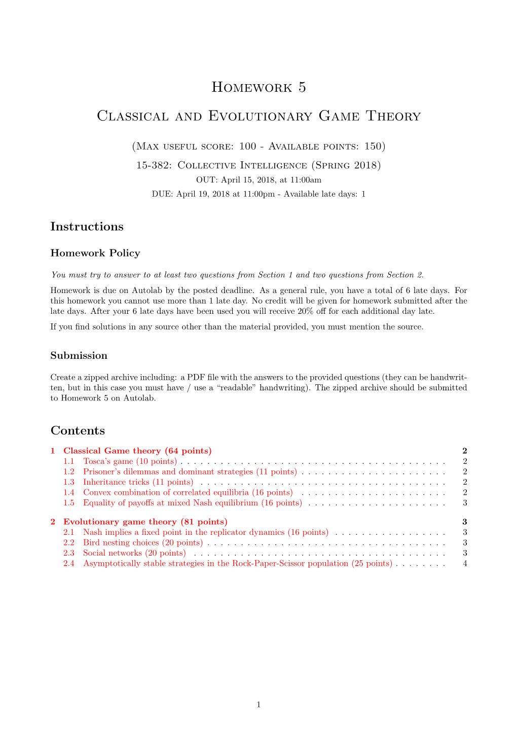 Homework 5 Classical and Evolutionary Game Theory