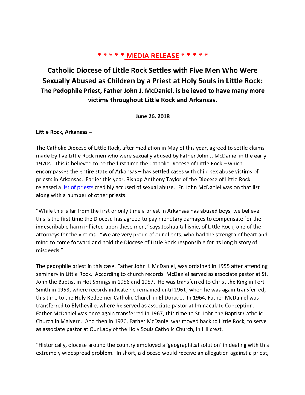 MEDIA RELEASE * * * * * Catholic Diocese of Little
