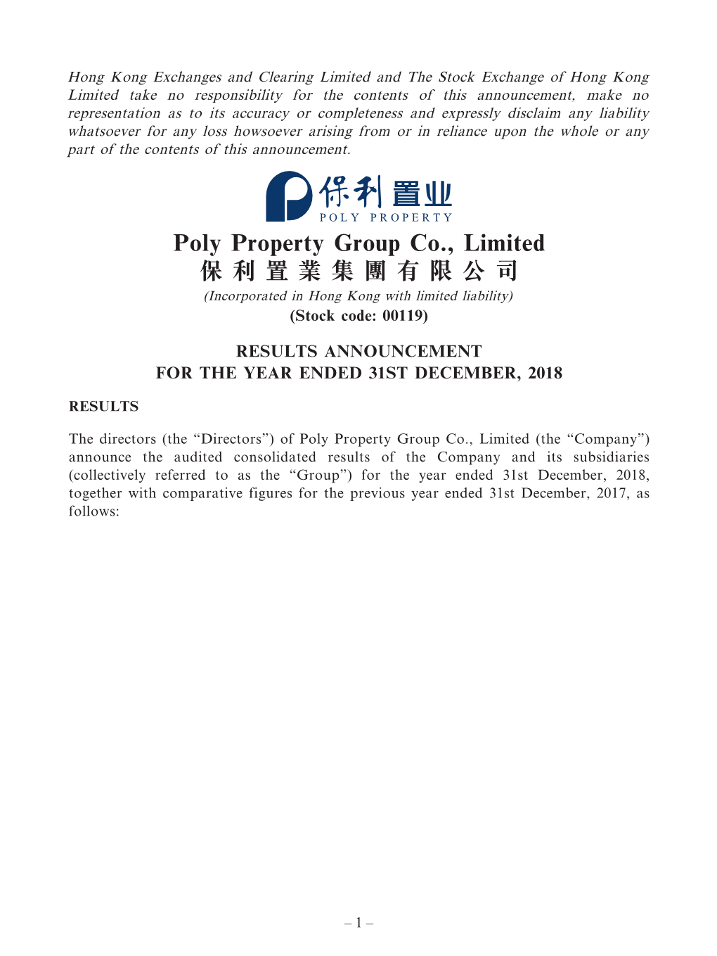 Poly Property Group Co., Limited 保利置業集團有限公司 (Incorporated in Hong Kong with Limited Liability) (Stock Code: 00119)