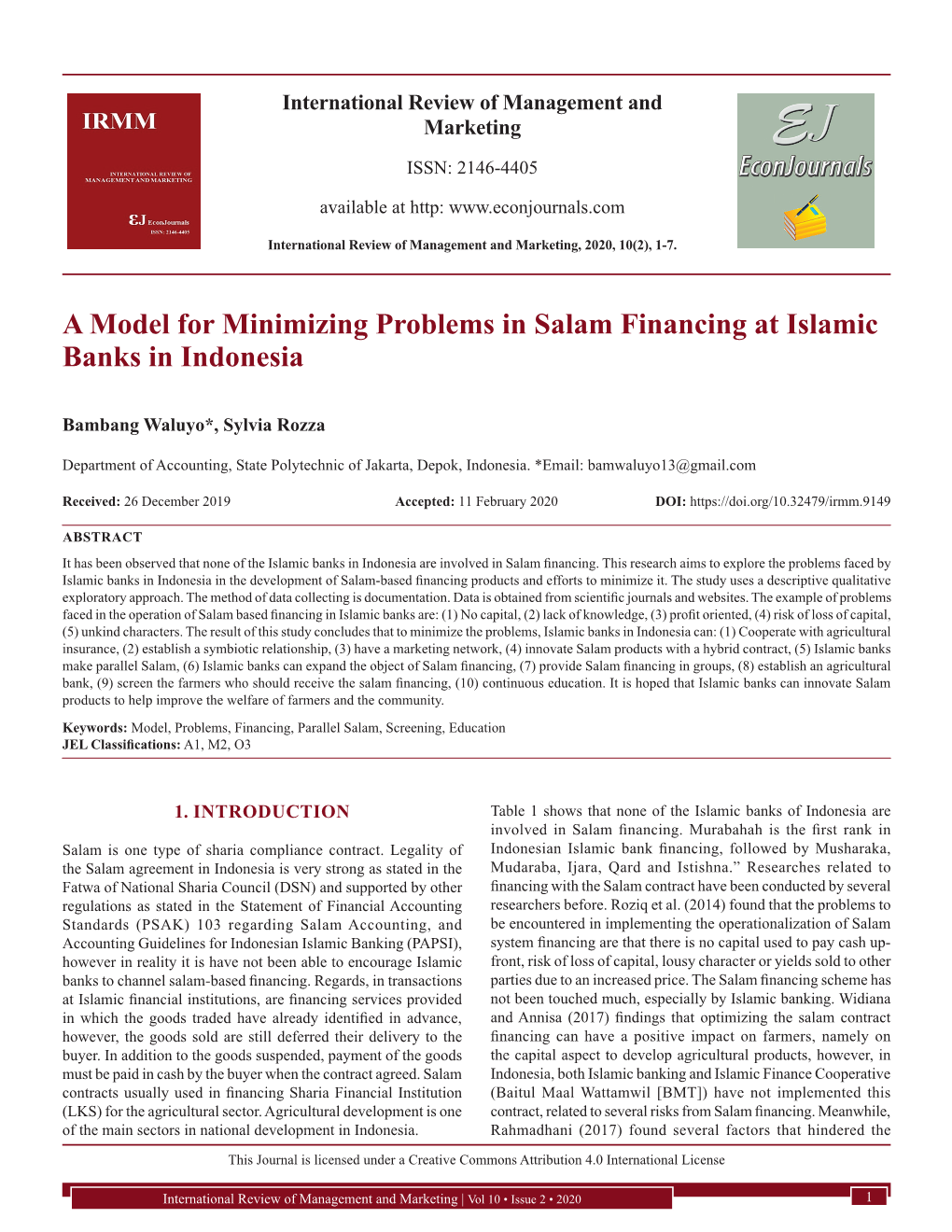A Model for Minimizing Problems in Salam Financing at Islamic Banks in Indonesia