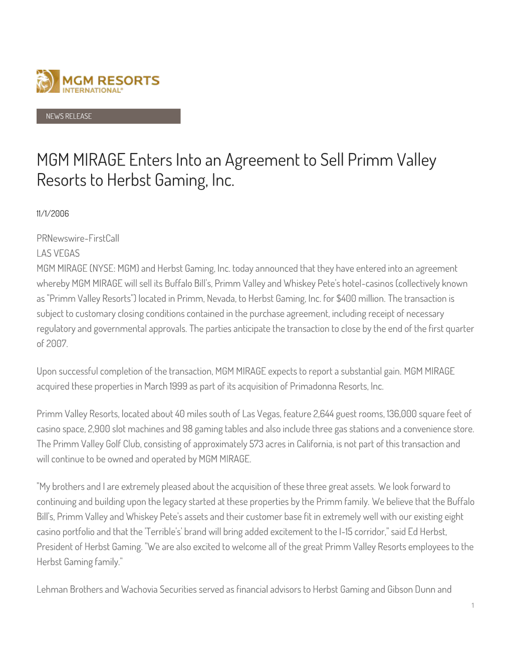 MGM MIRAGE Enters Into an Agreement to Sell Primm Valley Resorts to Herbst Gaming, Inc