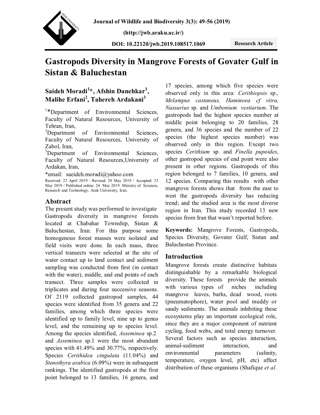 Gastropods Diversity in Mangrove Forests of Govater Gulf in Sistan & Baluchestan