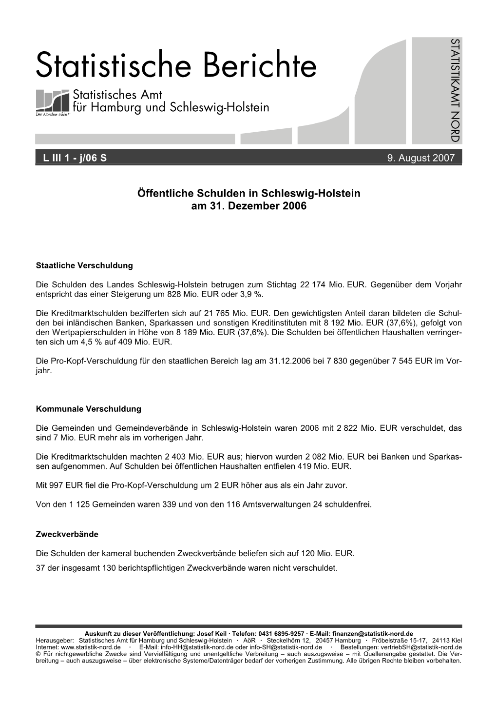 Statistische Berichte Statistisches Amt Für Hamburg Und Schleswig-Holstein