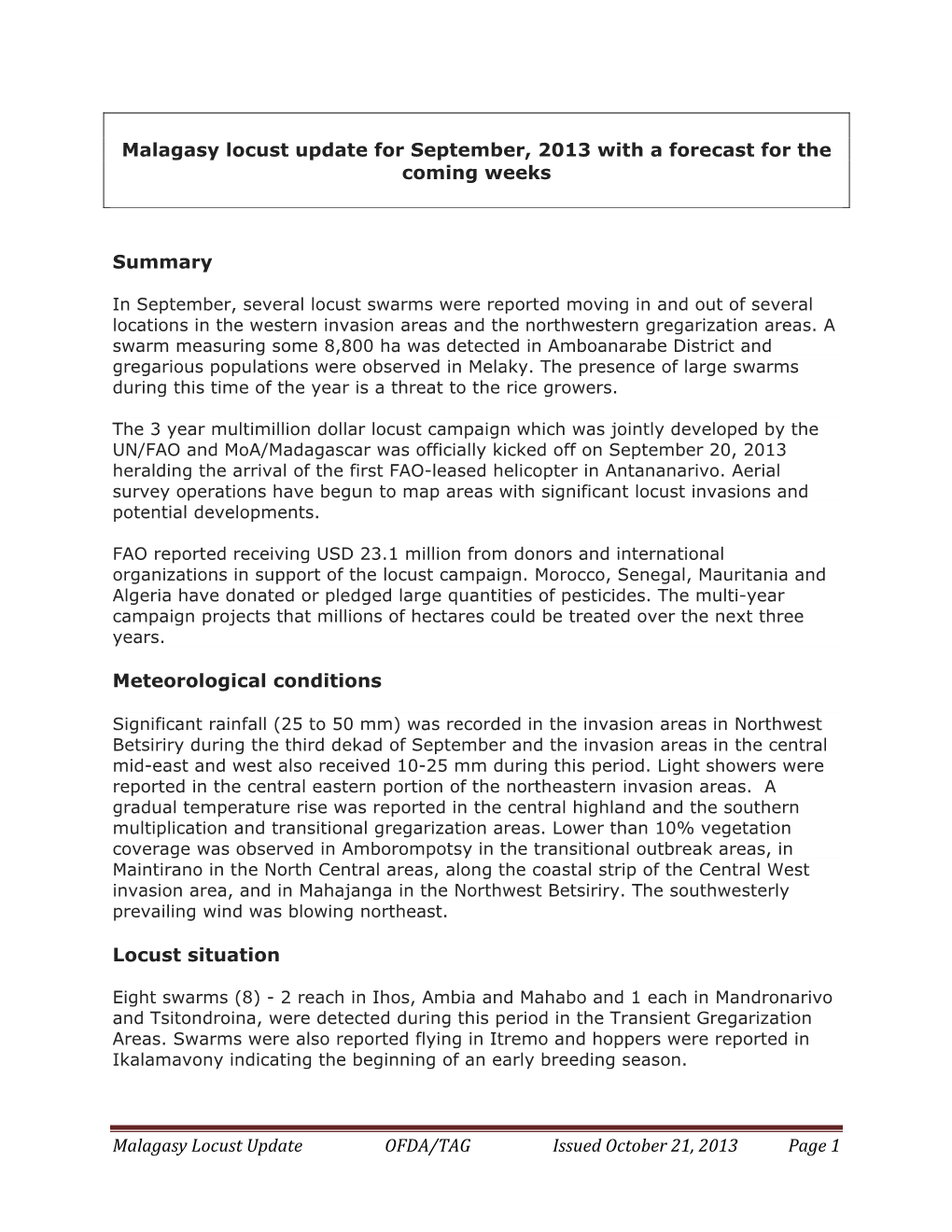 Malagasy Locust Update for September, 2013 with a Forecast for the Coming Weeks