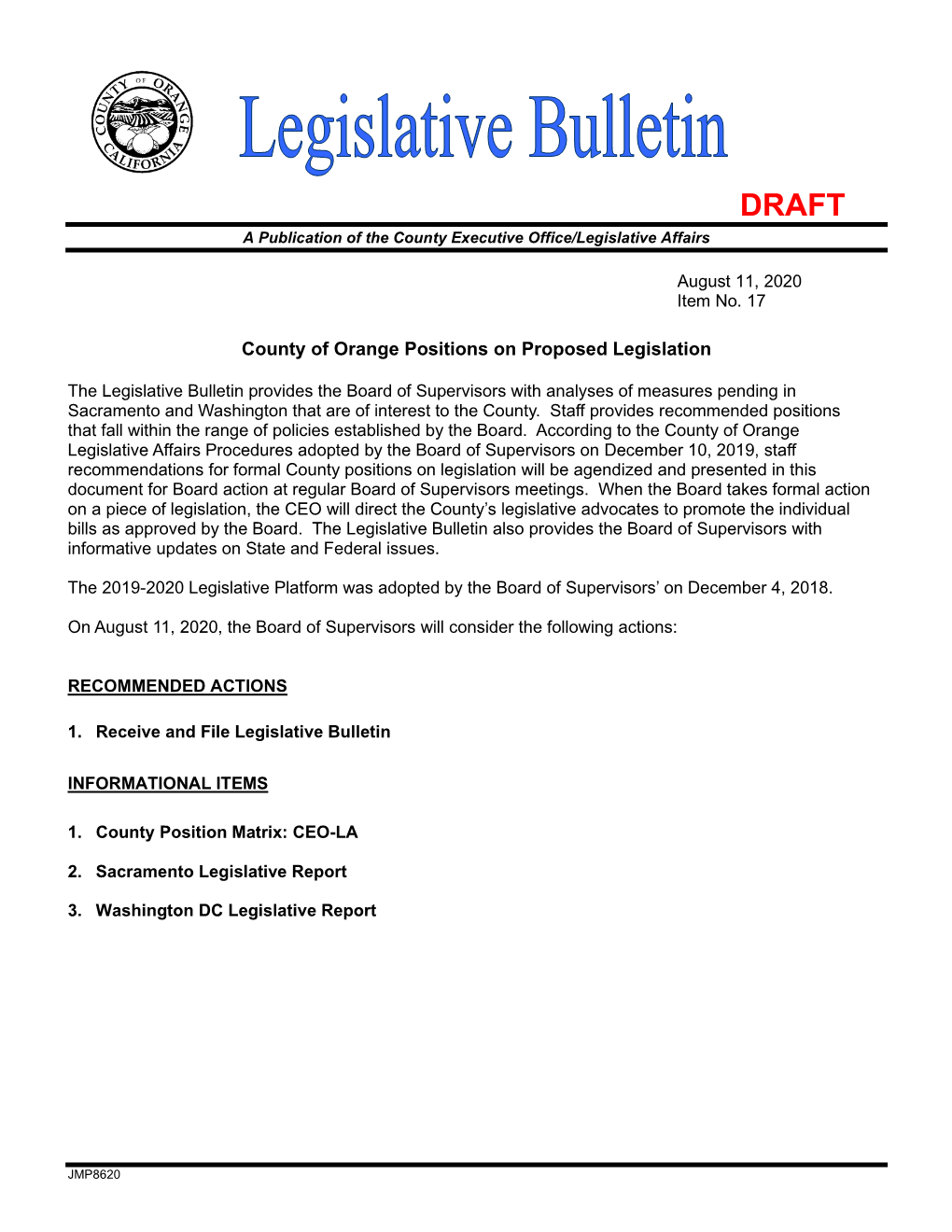 County of Orange Positions on Proposed Legislation