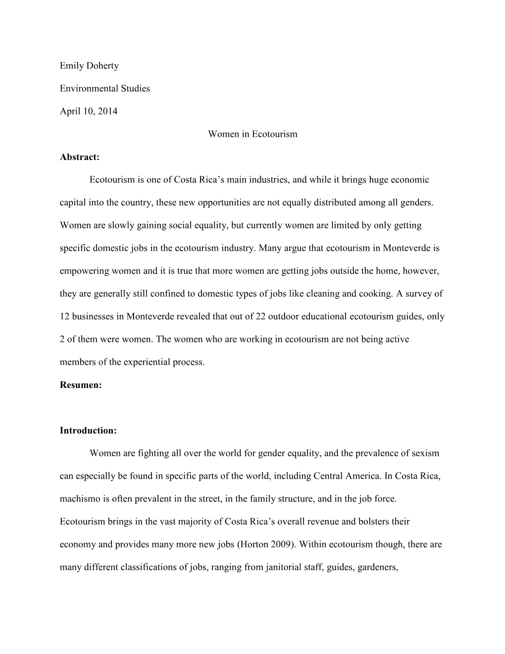 Emily Doherty Environmental Studies April 10, 2014 Women in Ecotourism Abstract